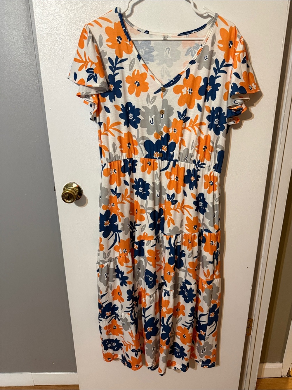 Floral Tiered V-Neck Midi Dress in Orange & Navy